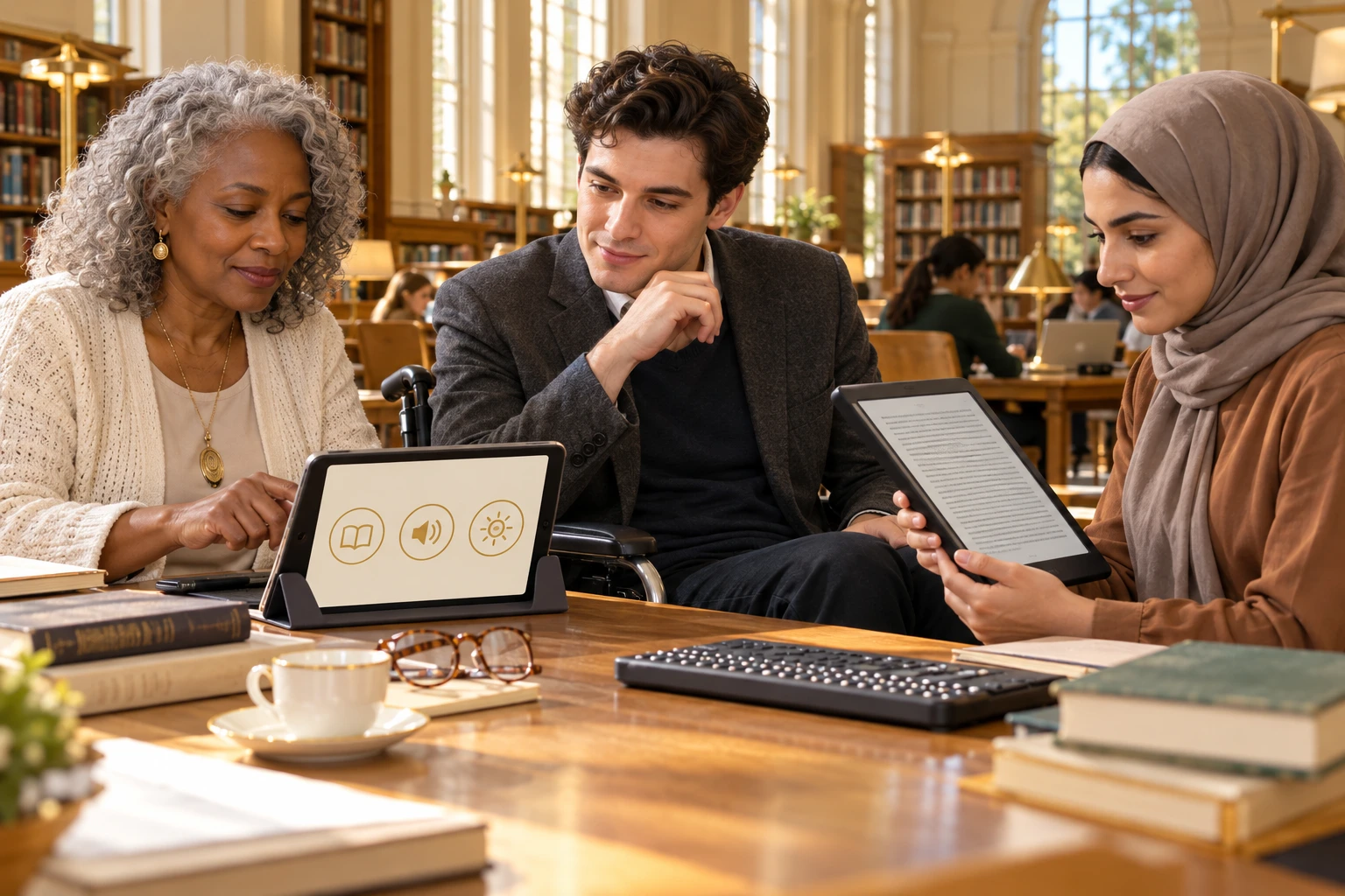 Conceptual accessible learning session: an older woman, a wheelchair user and an interface designer explore tablet and reading controls