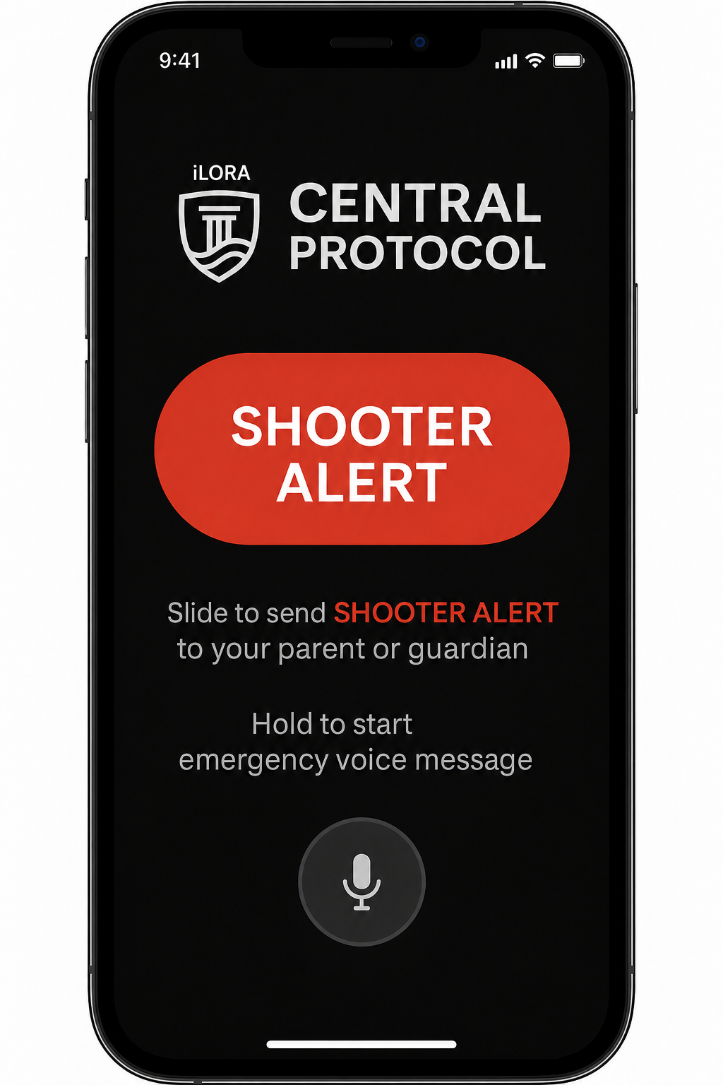 Approved Central Protocol concept phone illustration with the iLORA wordmark above the shield, alert interface and sample guardian communication