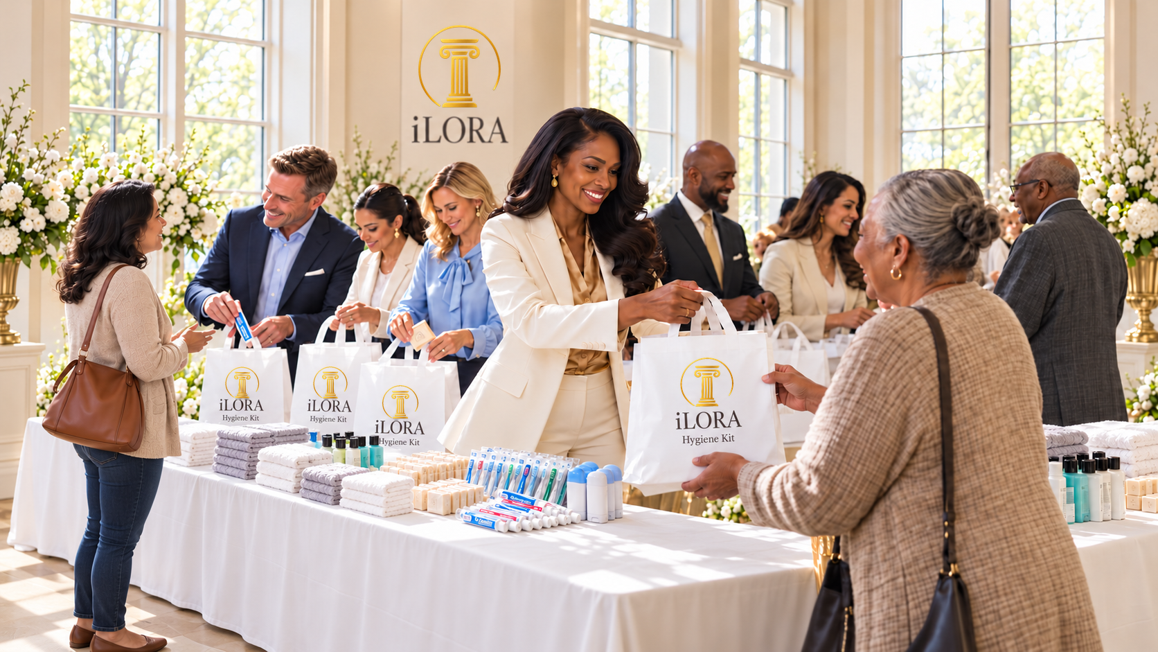 Conceptual Hygiene Kit preparation and distribution: volunteers pack visible toiletries while the woman with long side-parted curls offers a branded bag to an older visitor