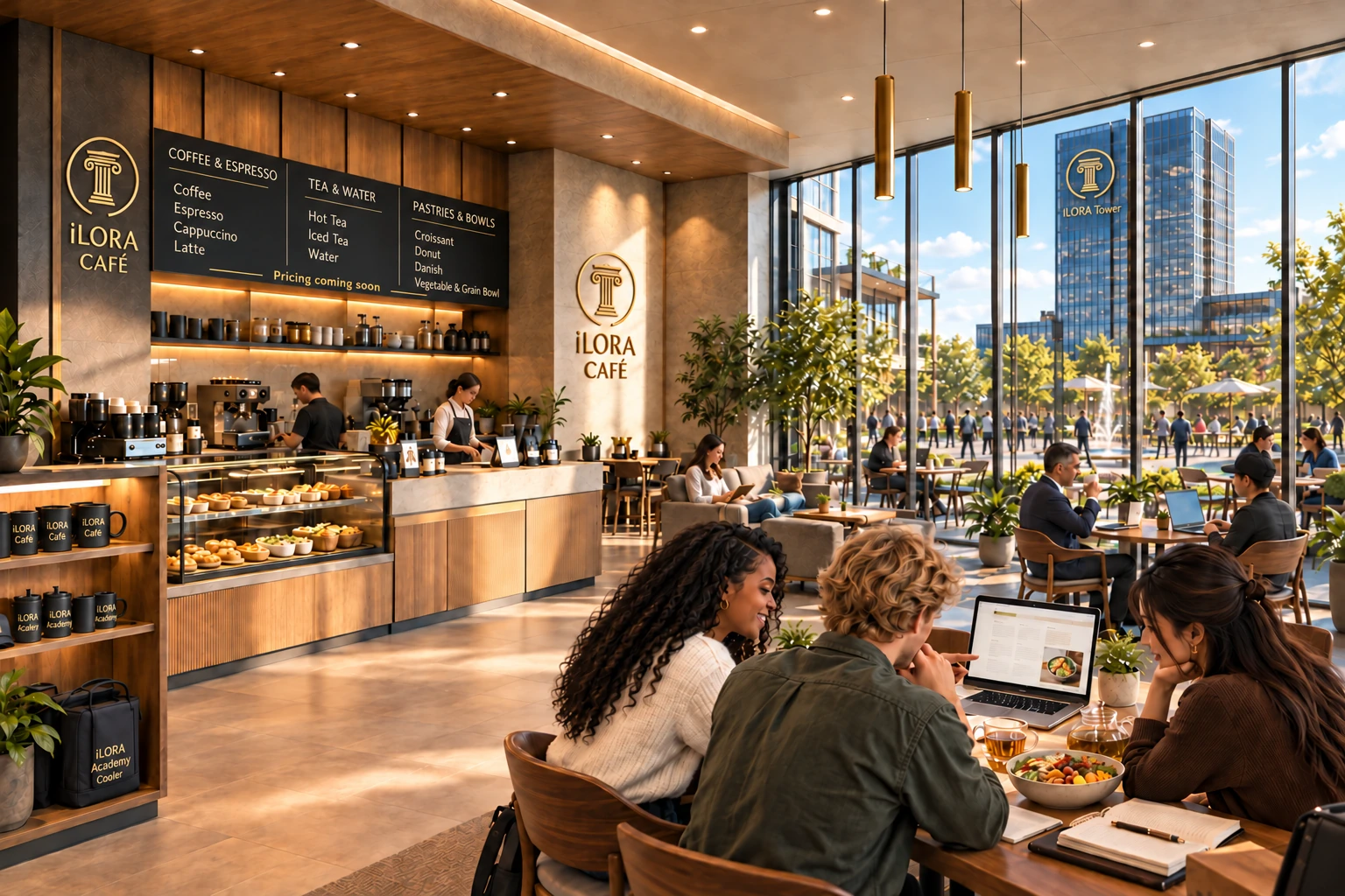 Proposed iLORA Café based on Draft 5: menu and labeled mugs remain on the left shelves, with an Academy Cooler below, while students study at the lower-right table facing their laptop and the Tower is visible outside
