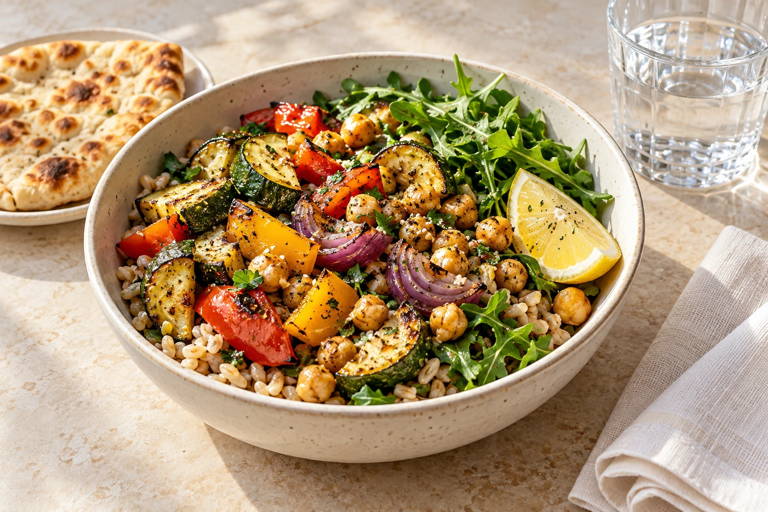 Illustrative roasted vegetable and grain bowl with chickpeas, flatbread and water