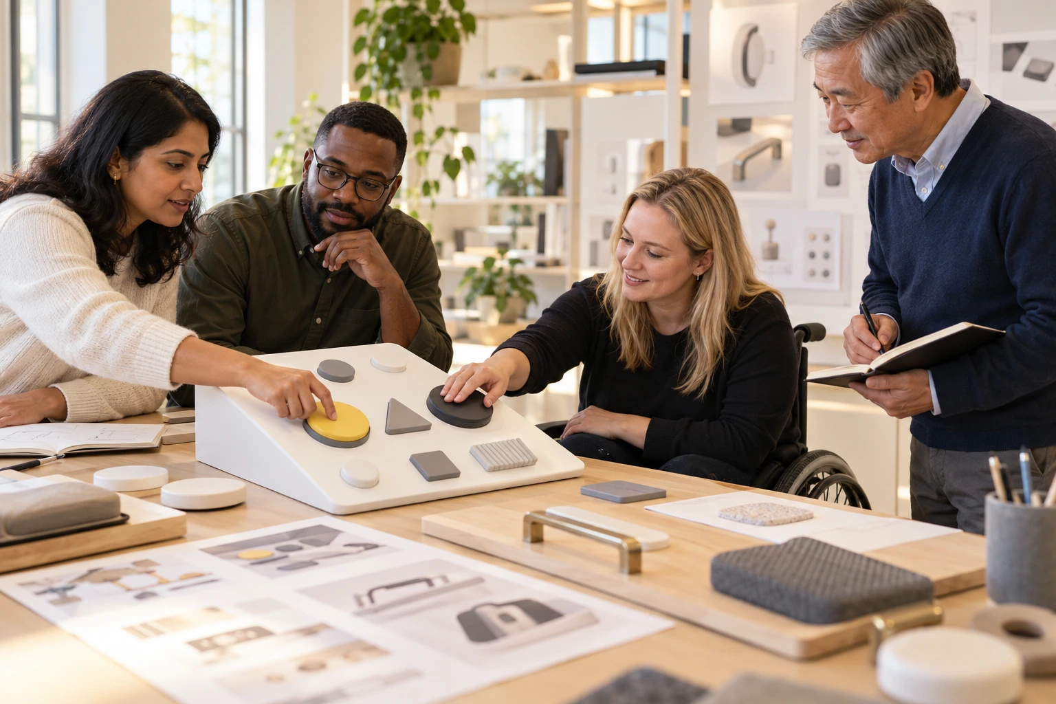 Designers and a wheelchair user exploring large exterior tactile controls at a worktable