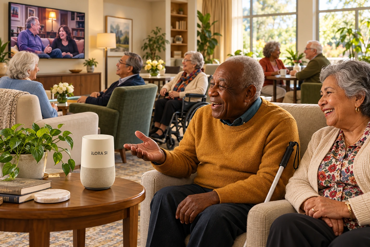 Conceptual shared living lounge: older adults watch a wall-mounted television and talk, while a seated man with a white cane beside his chair speaks toward an ivory iLORA SI speaker