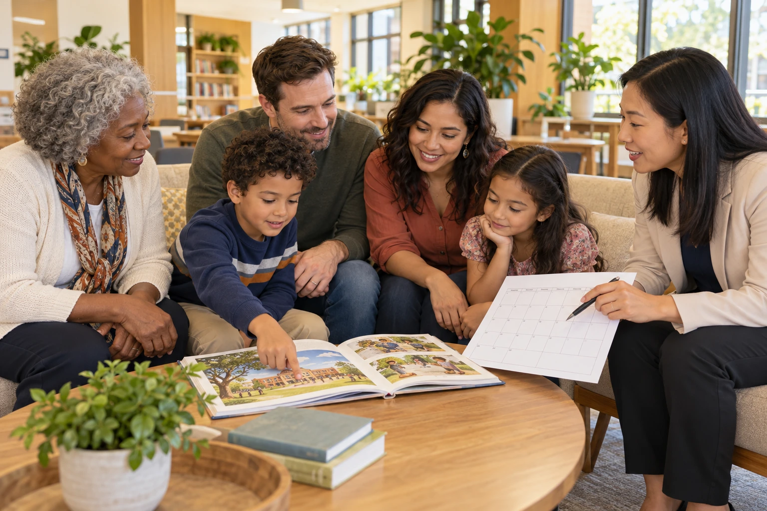A multigenerational family and a facilitator exploring a picture book together