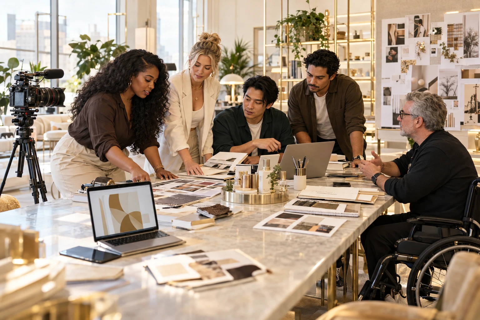 A diverse creative team with a camera, laptop and product samples in a bright studio