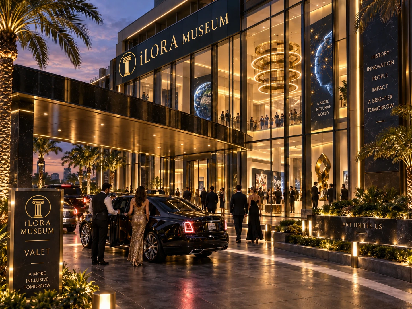 Conceptual iLORA Museum entrance and gallery with visitors