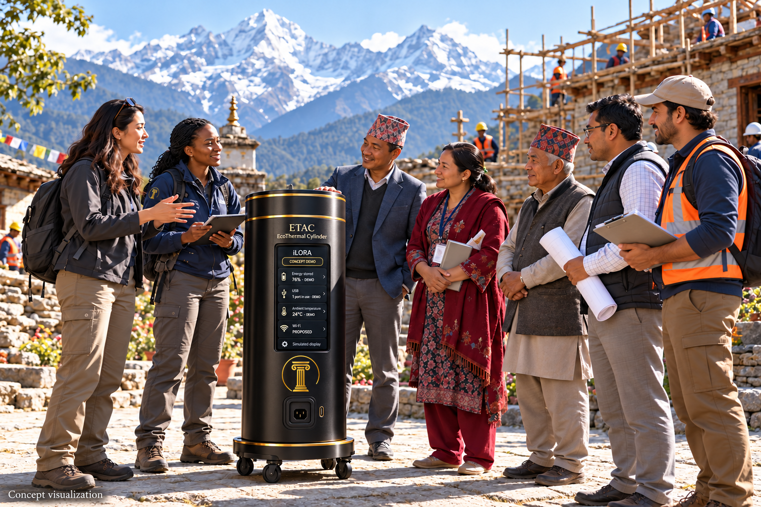 Local residents and engineers discuss an exterior black ETAC concept as a woman stages a phone connection