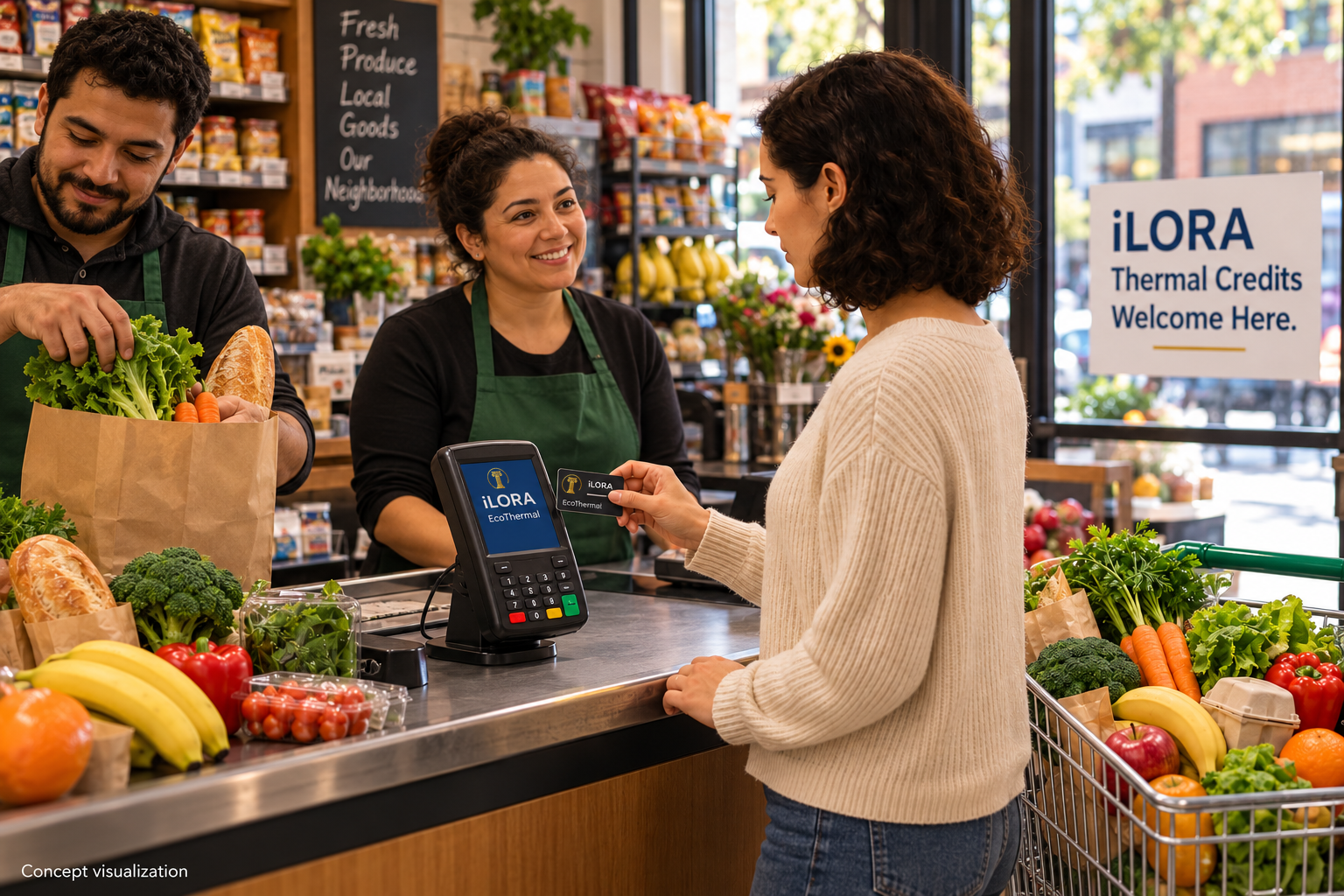 Concept illustration of a shopper at a neighborhood bodega checkout with a cashier and bagger; a window sign reads iLORA Thermal Credits Welcome Here.