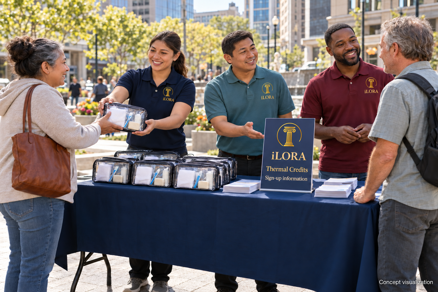 Concept illustration of iLORA volunteers in branded shirts distributing hygiene kits at an outdoor downtown event with proposed Thermal Credits signup information.
